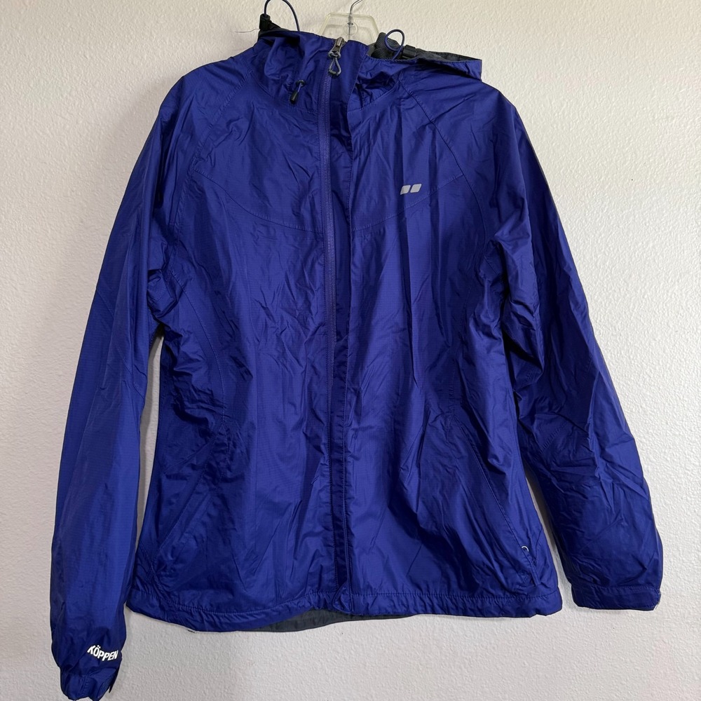 Köppen Windbreaker Jacket Women's Size Large Blue Nylon Lined Hooded Full Zip
